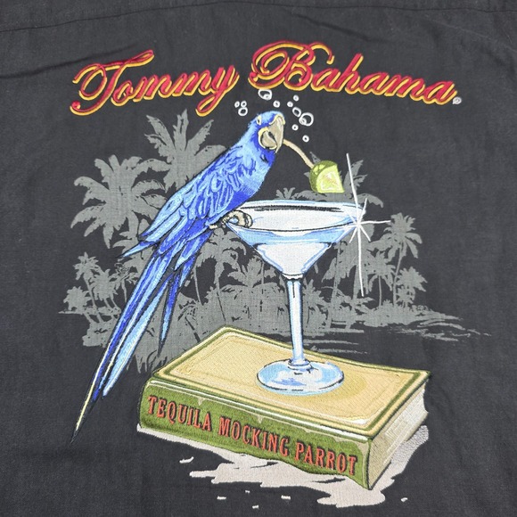 Tommy Bahama Button Up Shirt Mens L Black Tequila Mocking Parrot Embroidered - Picture 1 of 8